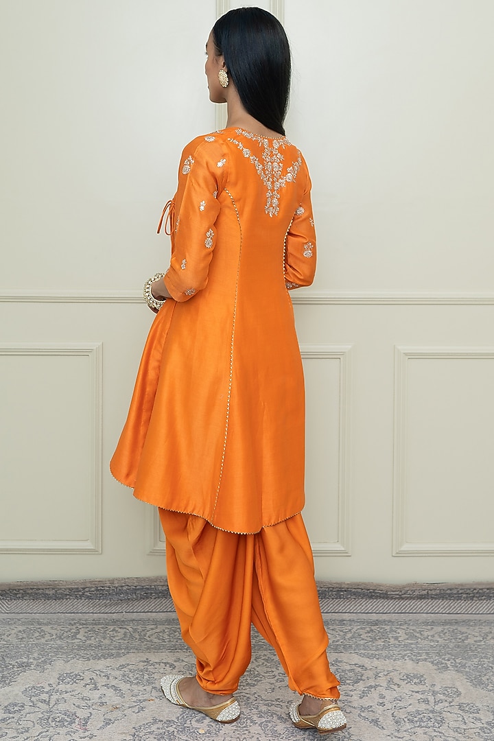 Pumpkin Orange Tilla Embroidered Angrakha Kurta Set by Sheetal Batra at Pernia's Pop Up Shop