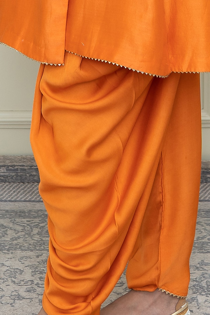 Pumpkin Orange Tilla Embroidered Angrakha Kurta Set by Sheetal Batra at Pernia's Pop Up Shop
