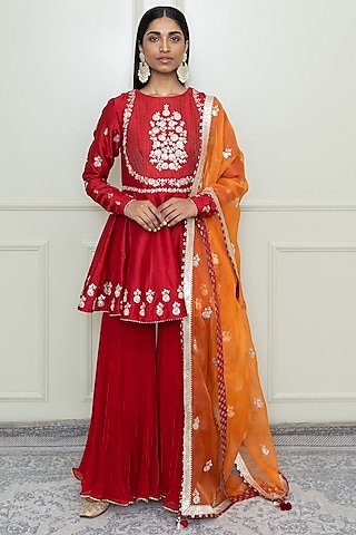 Scarlet Red Georgette Gharara Set by Sheetal Batra