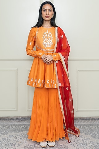 Pumpkin Orange Georgette Gharara Set by Sheetal Batra