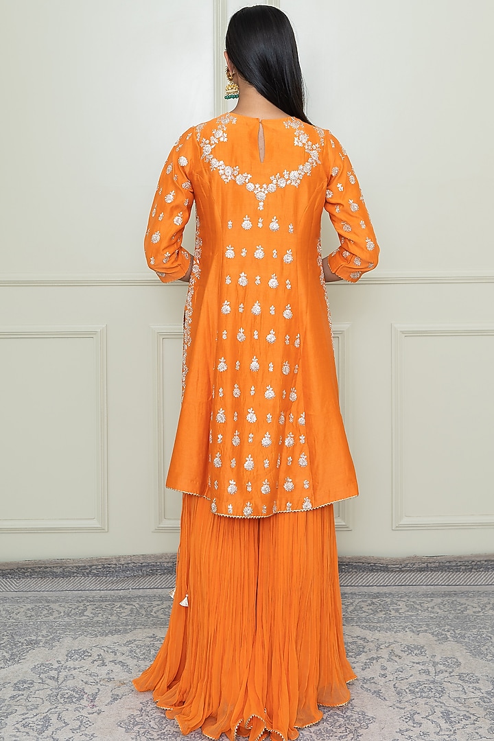 Pumpkin Orange Tilla Embroidered A-Line Kurta Set by Sheetal Batra at Pernia's Pop Up Shop