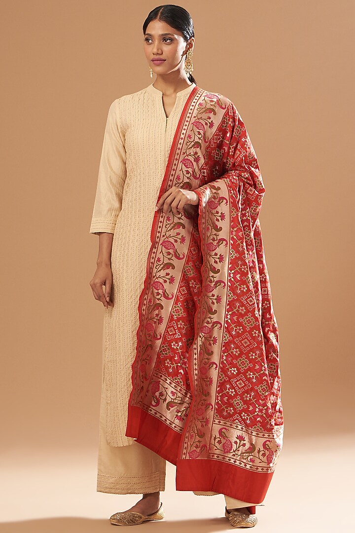 Beige Silk Chanderi Kurta Set by Sheetal Batra at Pernia's Pop Up Shop