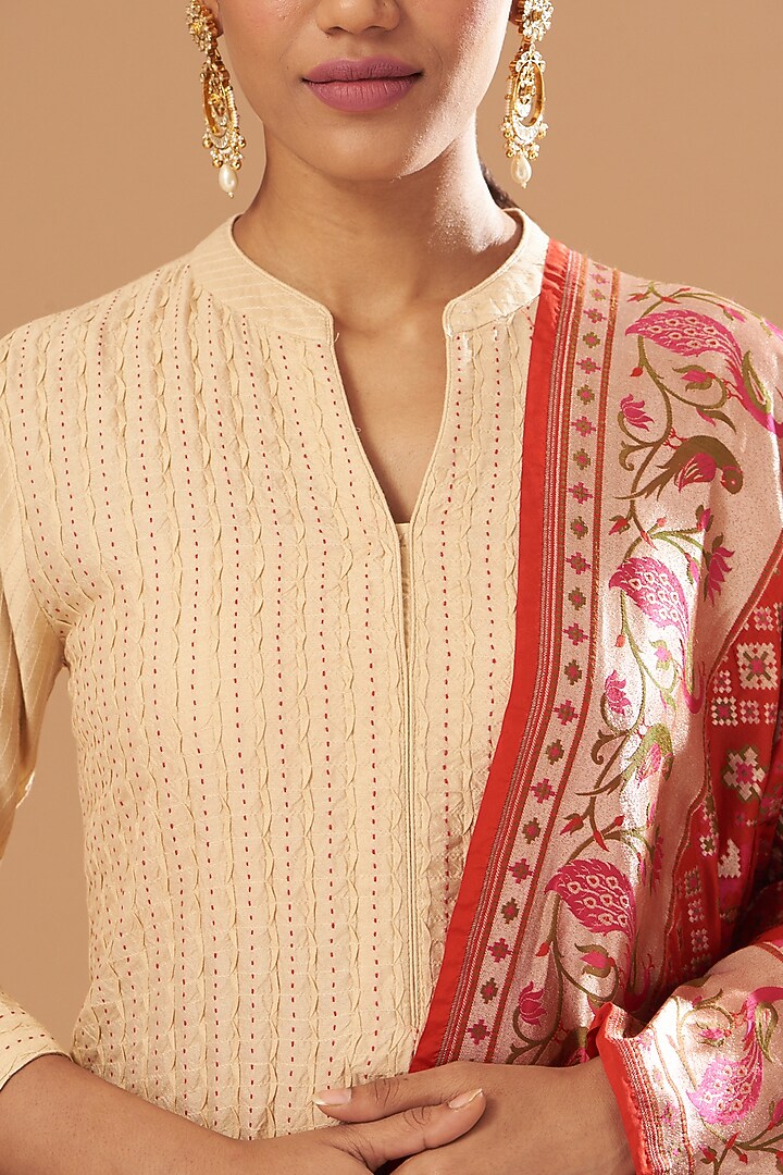Beige Silk Chanderi Kurta Set by Sheetal Batra at Pernia's Pop Up Shop