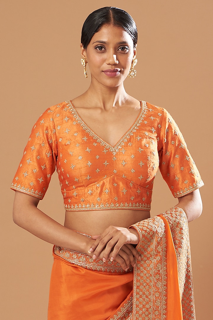 Orange Embroidered Wedding Saree Set by Sheetal Batra at Pernia's Pop Up Shop