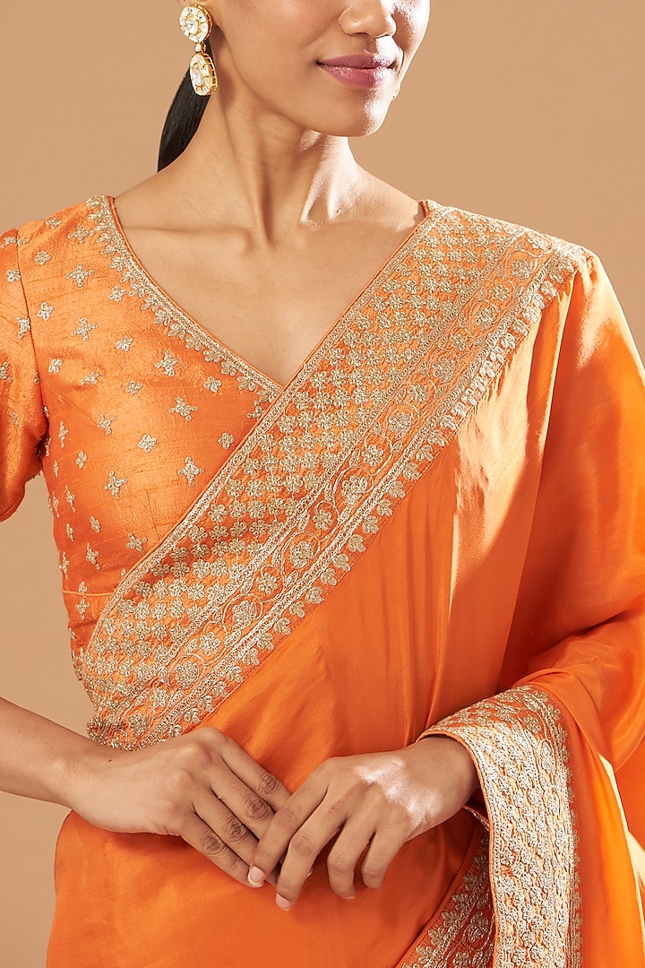 Orange Embroidered Wedding Saree Set by Sheetal Batra at Pernia's Pop Up Shop