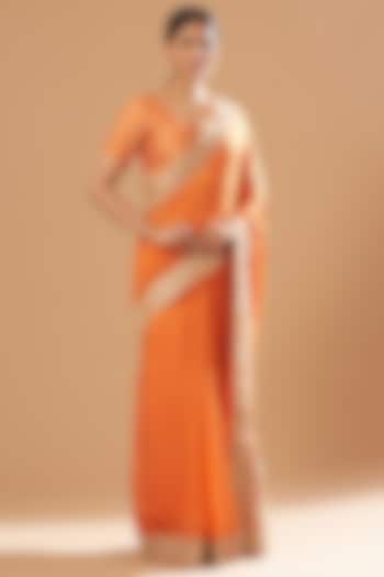 Orange Silk Embroidered Saree Set by Sheetal Batra