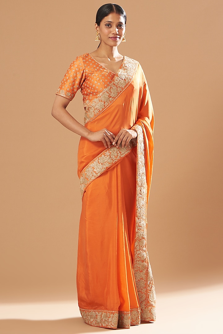 Orange Silk Embroidered Saree Set by Sheetal Batra
