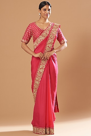 Fuchsia Pure Silk Embroidered Saree Set by Sheetal Batra