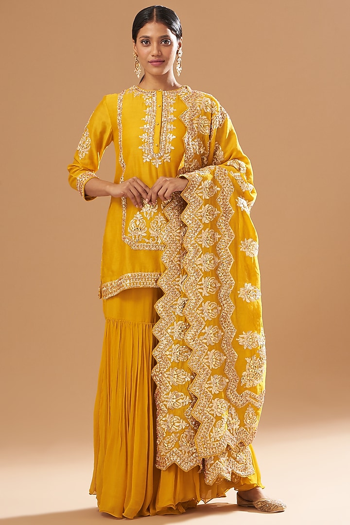 Mustard Silk Chanderi Gharara Set by Sheetal Batra at Pernia's Pop Up Shop