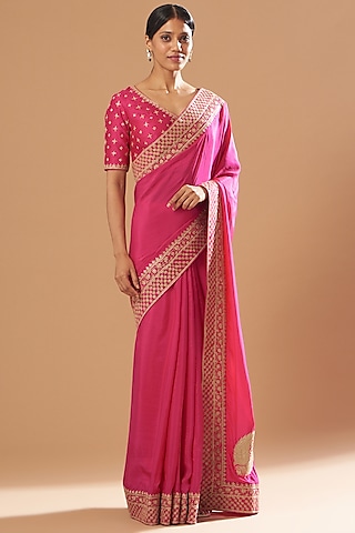 Fuchsia Embroidered Saree Set by Sheetal Batra