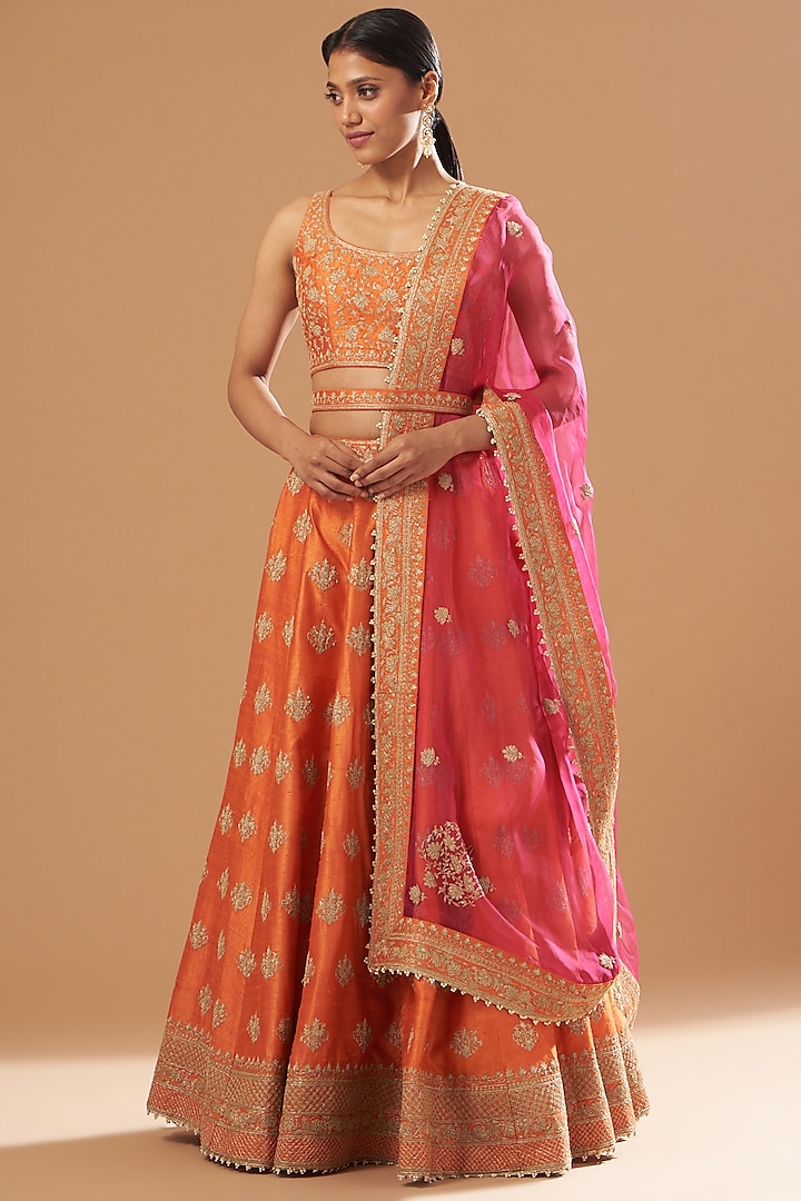 Orange Raw Silk Embroidered Wedding Lehenga Set by Sheetal Batra at Pernia's Pop Up Shop