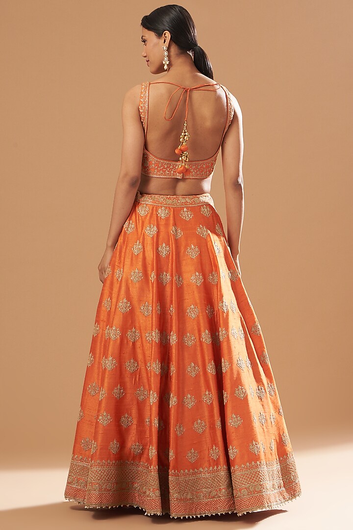 Orange Raw Silk Embroidered Wedding Lehenga Set by Sheetal Batra at Pernia's Pop Up Shop