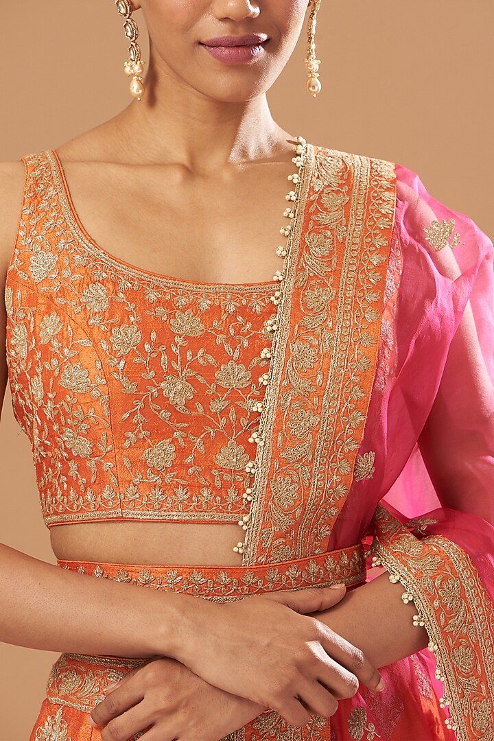 Orange Raw Silk Embroidered Wedding Lehenga Set by Sheetal Batra at Pernia's Pop Up Shop