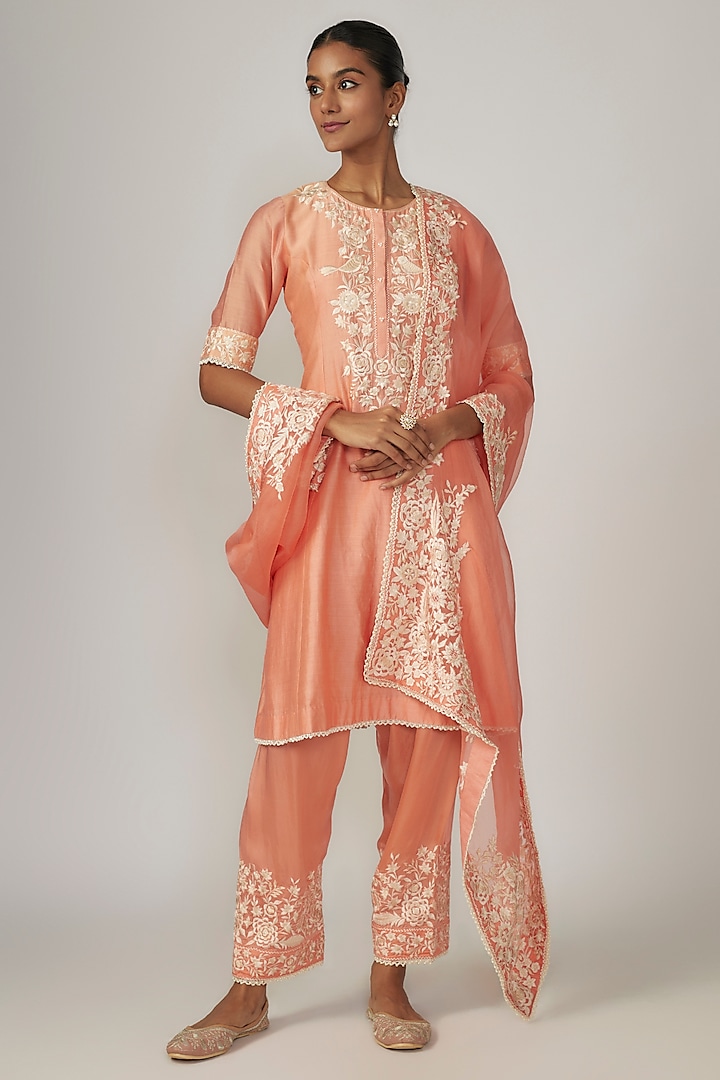 Pink Silk Organza Parsi Embroidered Kurta Set by Sheetal Batra at Pernia's Pop Up Shop