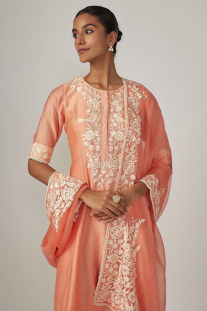 Pink Silk Organza Parsi Embroidered Kurta Set by Sheetal Batra at Pernia's Pop Up Shop