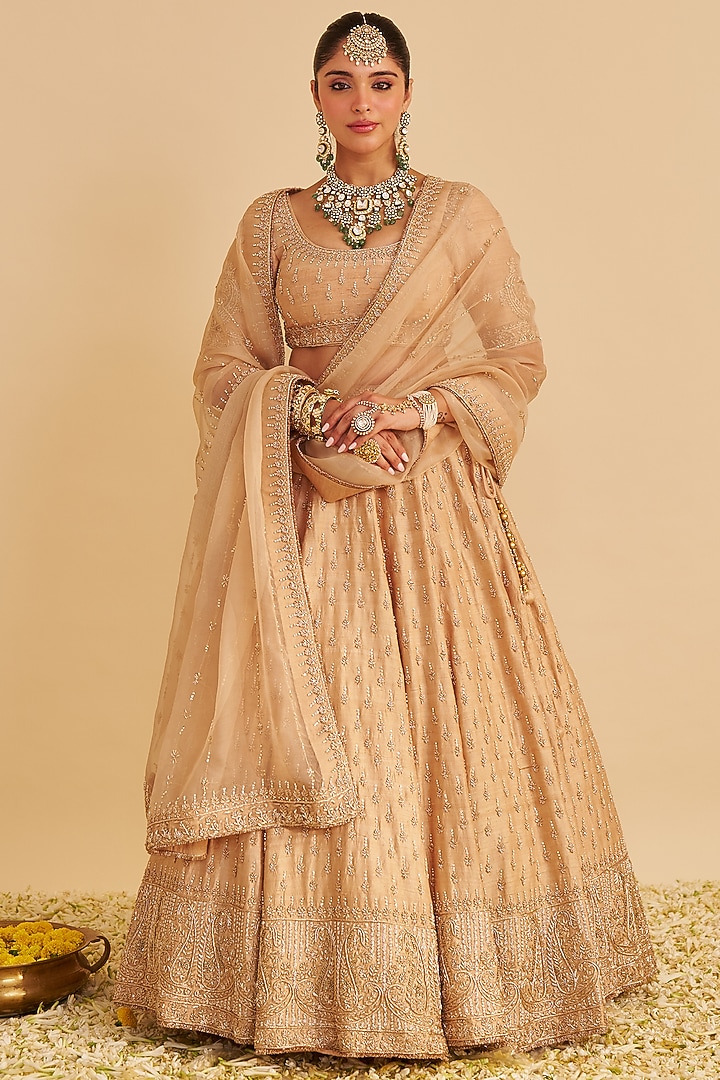 Golden Pure Raw Silk Zardosi Embroidered Bridal Lehenga Set by Sheetal Batra at Pernia's Pop Up Shop