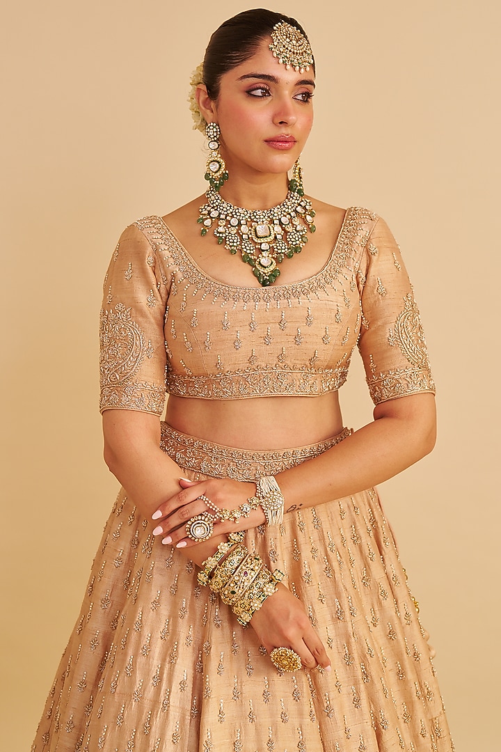 Golden Pure Raw Silk Zardosi Embroidered Bridal Lehenga Set by Sheetal Batra at Pernia's Pop Up Shop