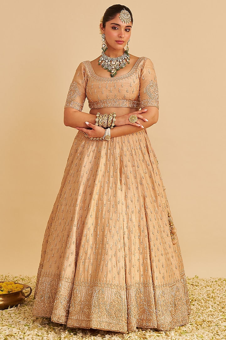 Golden Pure Raw Silk Zardosi Embroidered Bridal Lehenga Set by Sheetal Batra at Pernia's Pop Up Shop