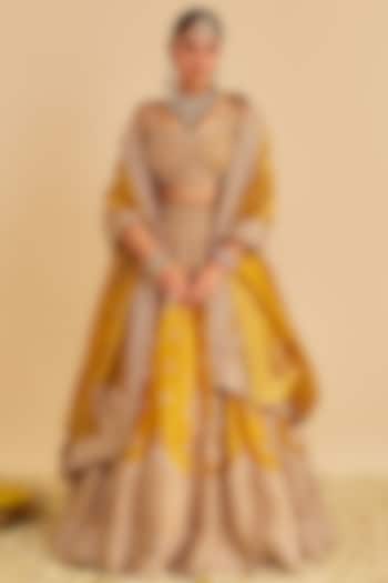 Mustard Gold Pure Silk Tissue Zardosi Embroidered Bridal Lehenga Set by Sheetal Batra at Pernia's Pop Up Shop