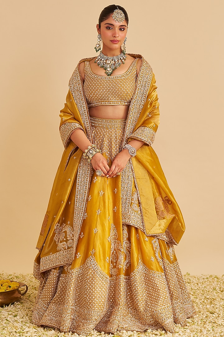 Mustard Gold Pure Silk Tissue Zardosi Embroidered Bridal Lehenga Set by Sheetal Batra at Pernia's Pop Up Shop