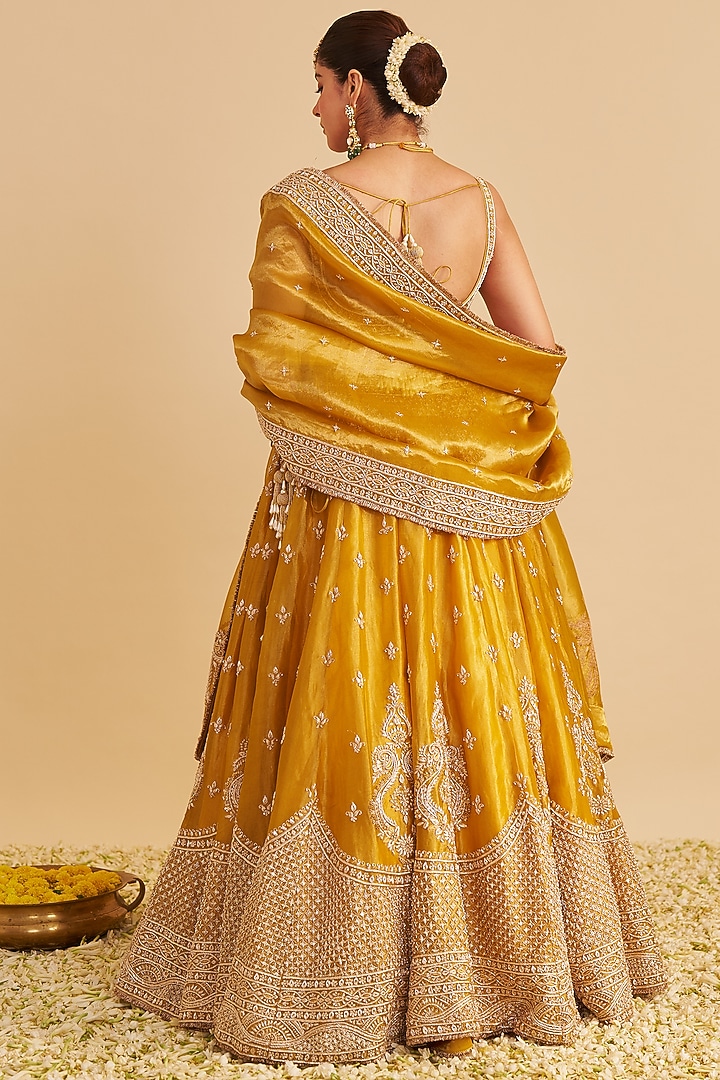 Mustard Gold Pure Silk Tissue Zardosi Embroidered Bridal Lehenga Set by Sheetal Batra at Pernia's Pop Up Shop
