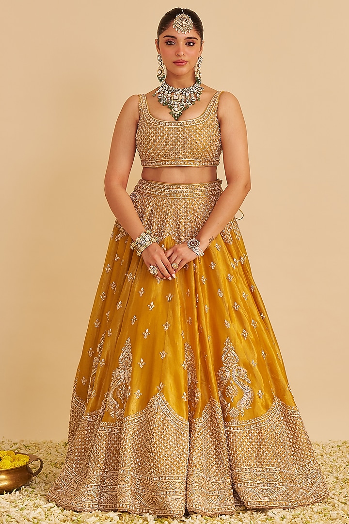 Mustard Gold Pure Silk Tissue Zardosi Embroidered Bridal Lehenga Set by Sheetal Batra at Pernia's Pop Up Shop