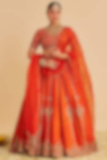 Burnt Orange Pure Raw Silk Zardosi Embroidered Bridal Lehenga Set by Sheetal Batra at Pernia's Pop Up Shop