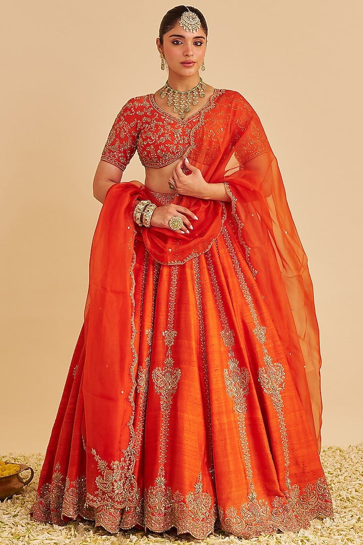 Burnt Orange Pure Raw Silk Zardosi Embroidered Bridal Lehenga Set by Sheetal Batra at Pernia's Pop Up Shop