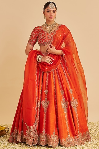 Burnt Orange Pure Raw Silk Zardosi Embroidered Lehenga Set by Sheetal Batra