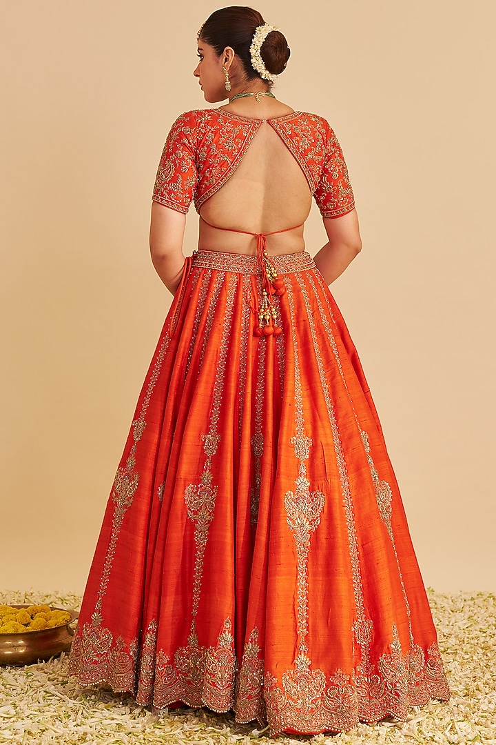 Burnt Orange Pure Raw Silk Zardosi Embroidered Bridal Lehenga Set by Sheetal Batra at Pernia's Pop Up Shop