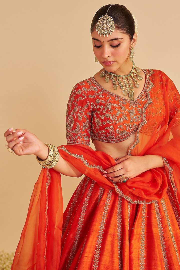 Burnt Orange Pure Raw Silk Zardosi Embroidered Bridal Lehenga Set by Sheetal Batra at Pernia's Pop Up Shop
