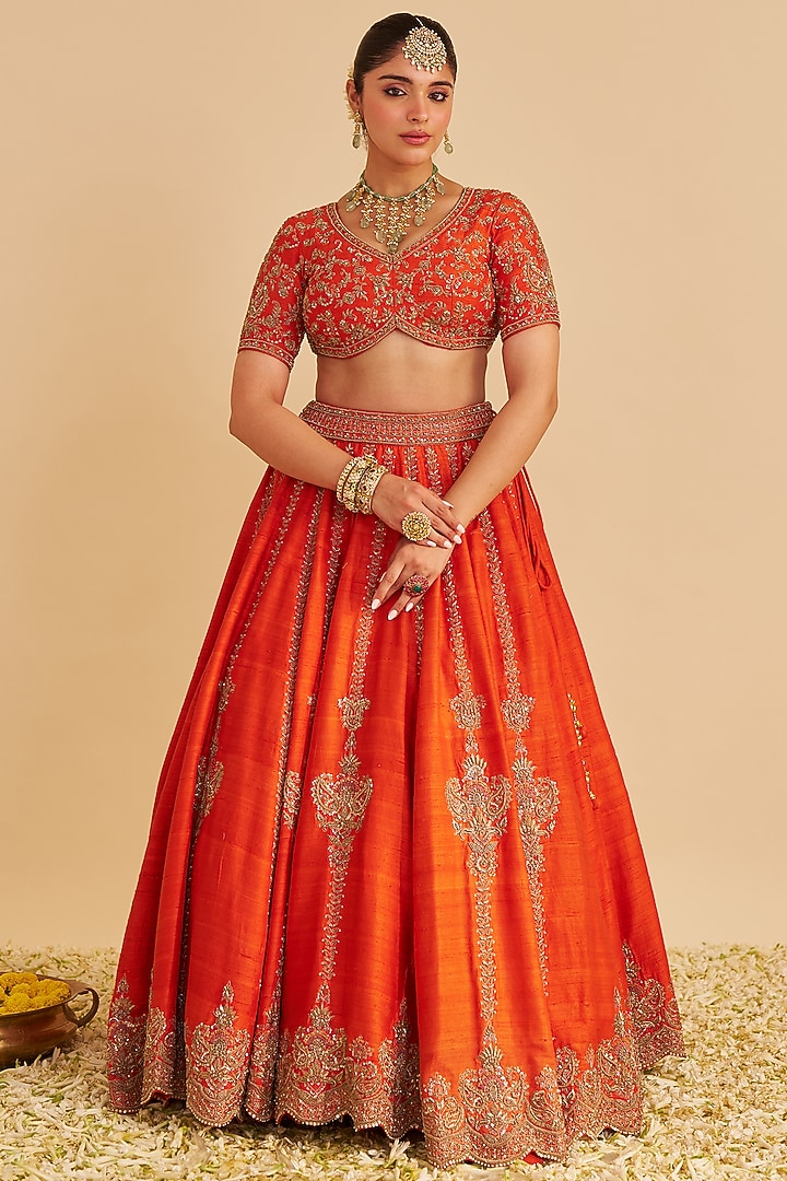 Burnt Orange Pure Raw Silk Zardosi Embroidered Bridal Lehenga Set by Sheetal Batra at Pernia's Pop Up Shop
