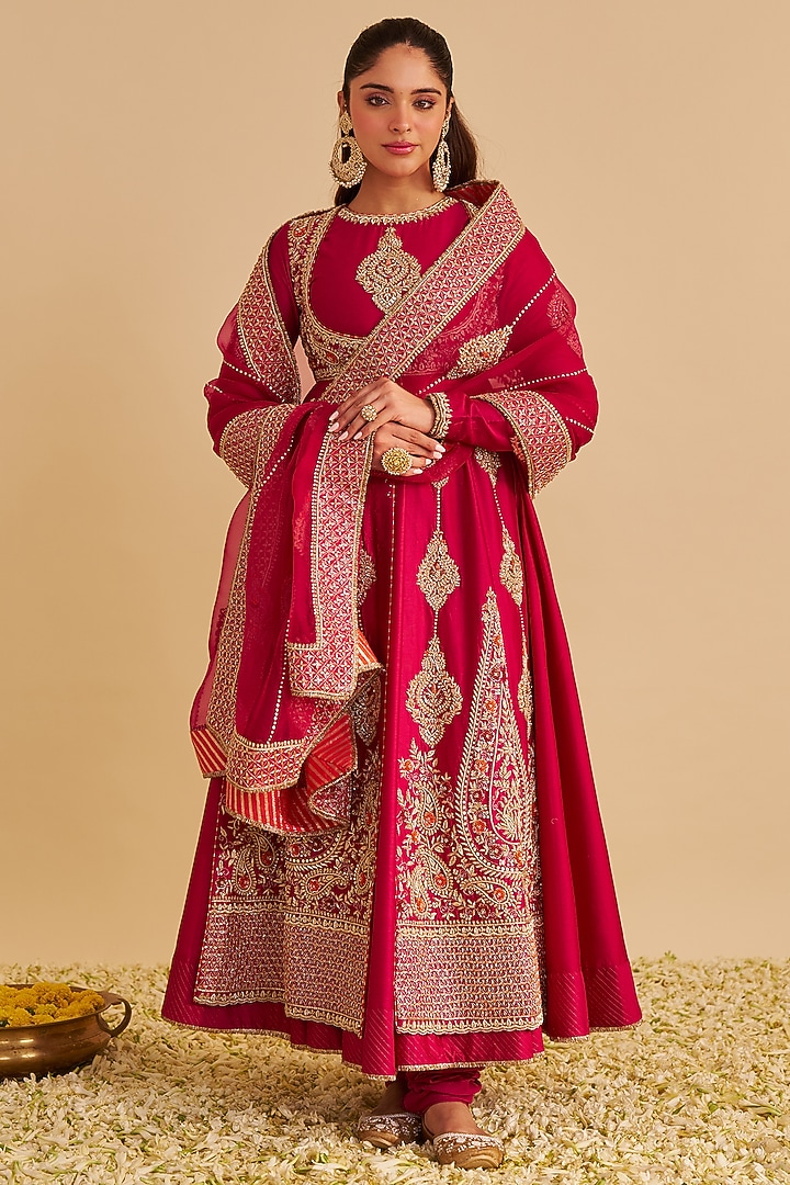 Hot Pink Silk Chanderi Zardosi Embroidered Bridal Anarkali Set by Sheetal Batra at Pernia's Pop Up Shop