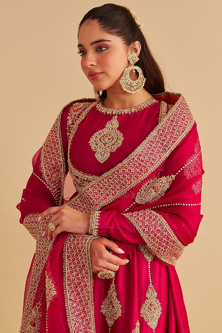 Hot Pink Silk Chanderi Zardosi Embroidered Bridal Anarkali Set by Sheetal Batra at Pernia's Pop Up Shop