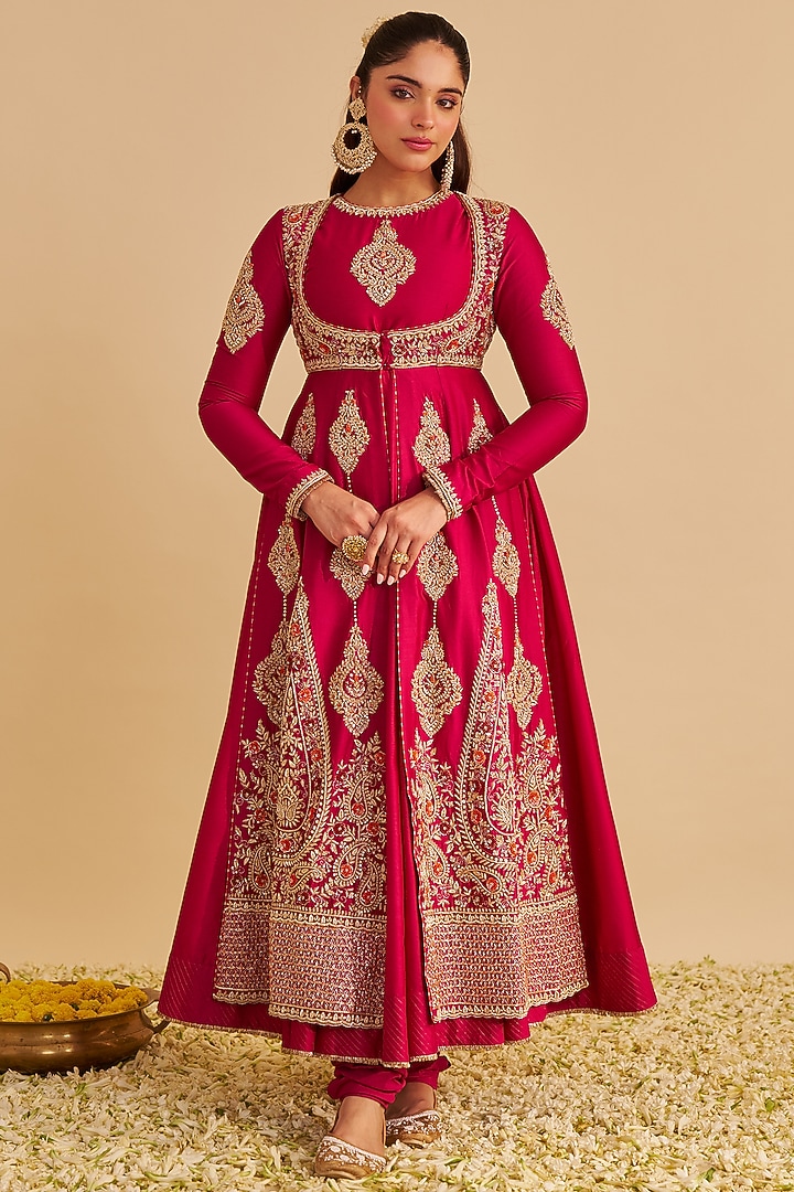 Hot Pink Silk Chanderi Zardosi Embroidered Bridal Anarkali Set by Sheetal Batra at Pernia's Pop Up Shop