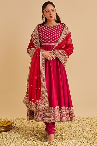 Hot Pink Silk Chanderi Zardosi Embroidered Anarkali Set by Sheetal Batra