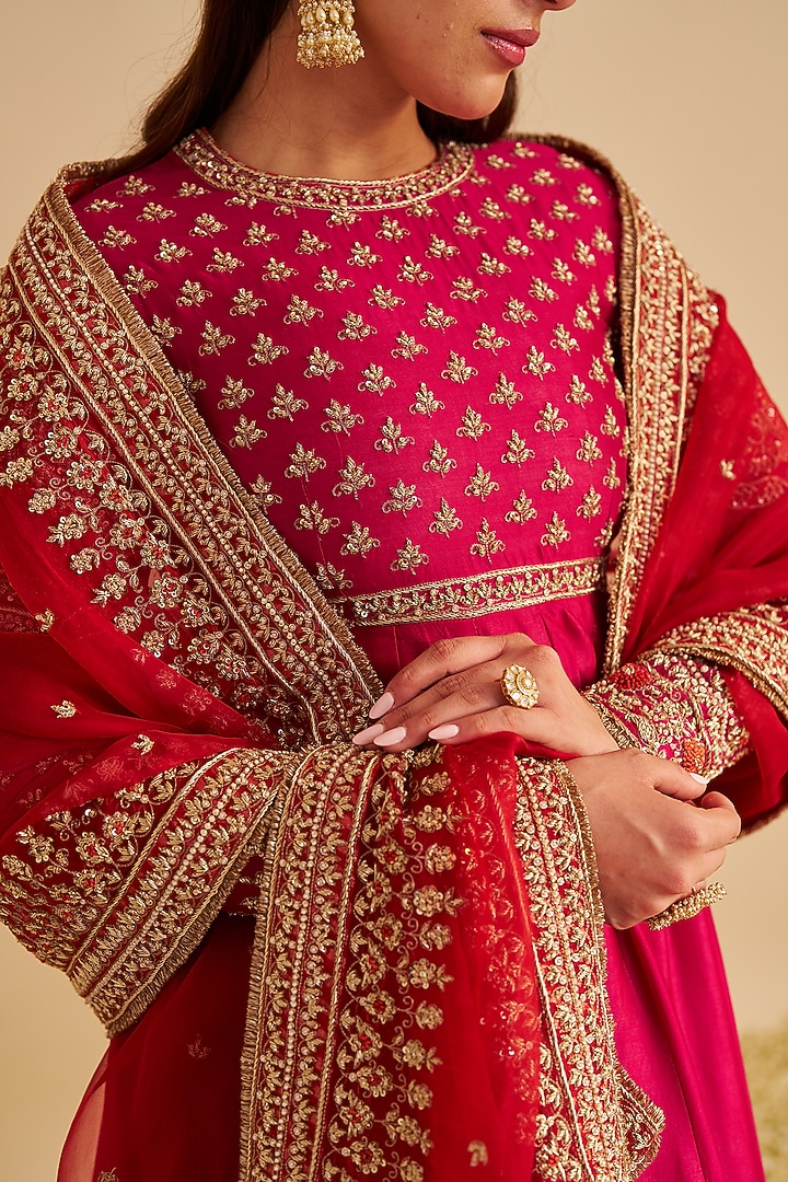Hot Pink Silk Chanderi Zardosi Embroidered Bridal Anarkali Set by Sheetal Batra at Pernia's Pop Up Shop