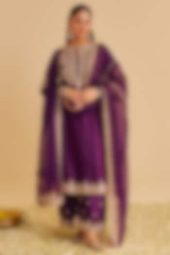 Deep Purple Silk Chanderi Zardosi Embroidered A-Line Kurta Set by Sheetal Batra at Pernia's Pop Up Shop