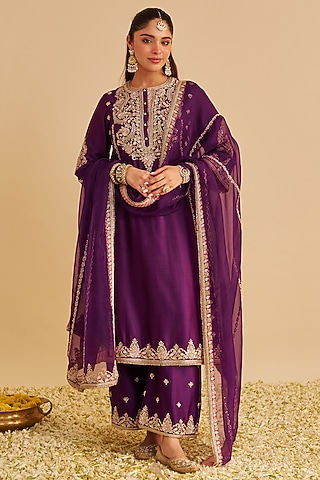 Deep Purple Silk Chanderi Zardosi Embroidered A-Line Kurta Set by Sheetal Batra