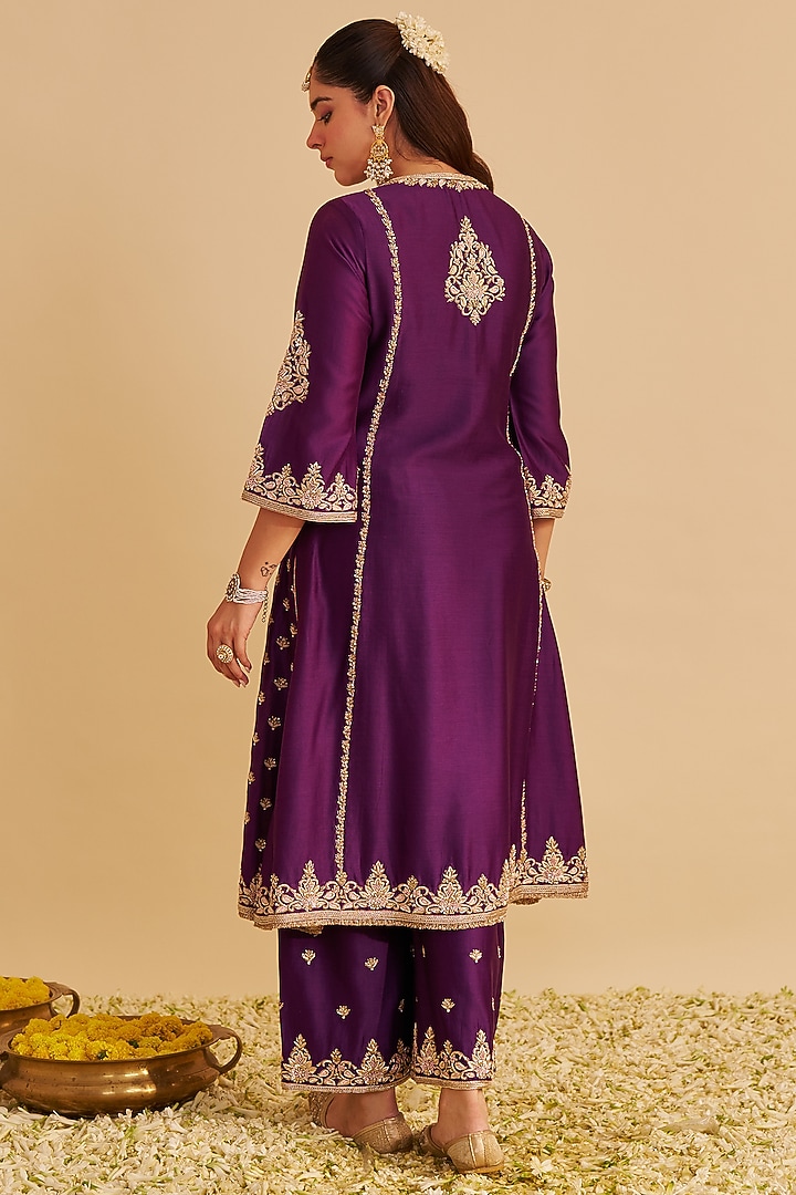 Deep Purple Silk Chanderi Zardosi Embroidered A-Line Kurta Set by Sheetal Batra at Pernia's Pop Up Shop