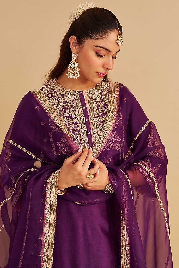 Deep Purple Silk Chanderi Zardosi Embroidered A-Line Kurta Set by Sheetal Batra at Pernia's Pop Up Shop
