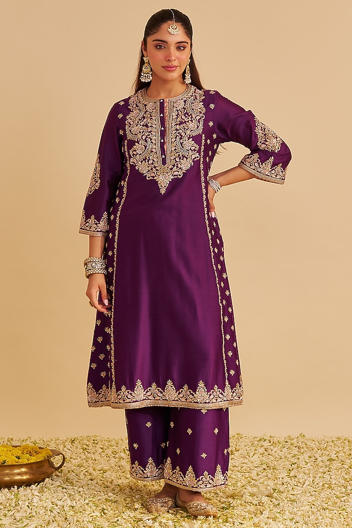 Deep Purple Silk Chanderi Zardosi Embroidered A-Line Kurta Set by Sheetal Batra at Pernia's Pop Up Shop