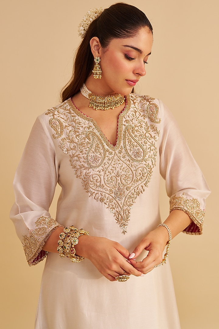 Daisy Ivory Silk Chanderi Dabka Embroidered A-Line Kurta Set by Sheetal Batra at Pernia's Pop Up Shop