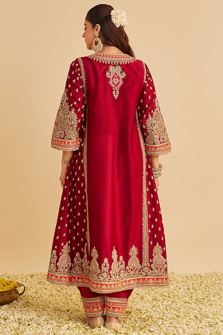 Deep Red Silk Chanderi Dabka Embroidered Choga Kurta Set by Sheetal Batra at Pernia's Pop Up Shop