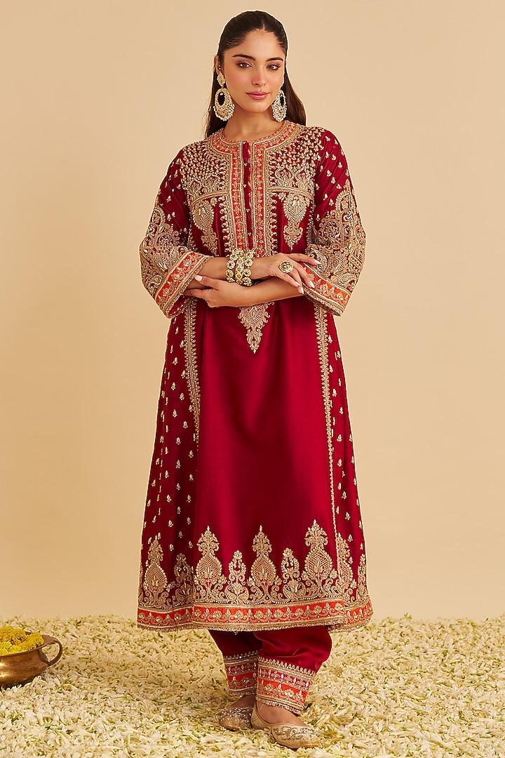 Deep Red Silk Chanderi Dabka Embroidered Choga Kurta Set by Sheetal Batra at Pernia's Pop Up Shop