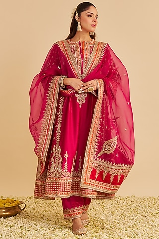 Hot Pink Silk Chanderi Dabka Embroidered Choga Kurta Set by Sheetal Batra