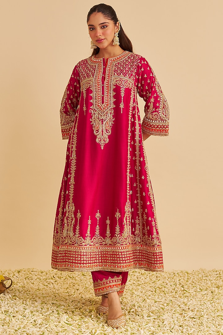 Hot Pink Silk Chanderi Dabka Embroidered Choga Kurta Set by Sheetal Batra at Pernia's Pop Up Shop