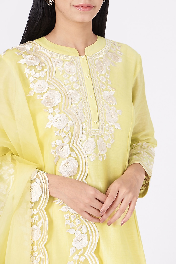Pastel Yellow Parsi- Gara Embroidered Kurta Set by Sheetal Batra at Pernia's Pop Up Shop