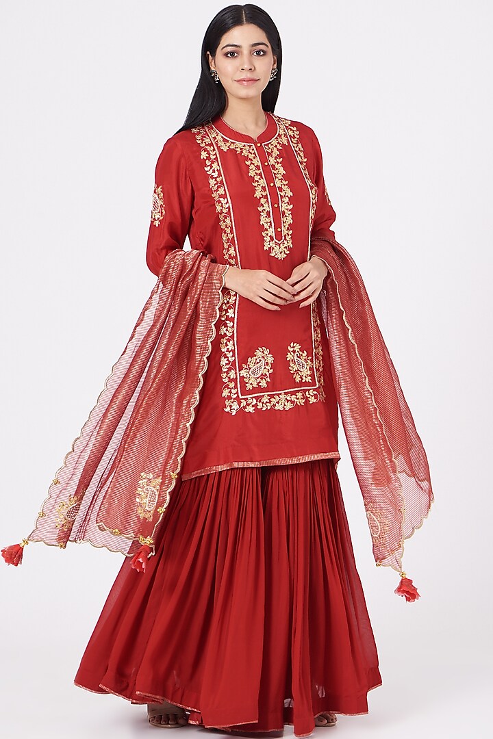 Red Pure Georgette Gharara Set by Sheetal Batra