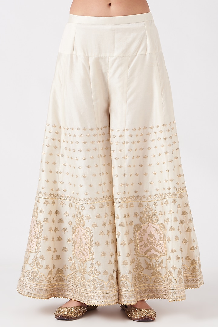 Daisy Ivory Pure Silk Chanderi Kashmiri Tilla Embroidered Gharara Set by Sheetal Batra at Pernia's Pop Up Shop